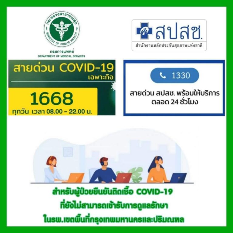 กระทรวงสาธารณสุขยืนยันคนไทยที่ติดเชื้อโควิด 19 ทุกคนจะต้องได้รับการรักษาฟรี มีเตียงรองรับทั้งโรงพยาบาลรัฐ เอกชน และมี Hospitel เสริม หากตรวจพบเชื้อแล้วยังไม่ได้เตียง โทรสายด่วนกรมการแพทย์ 1668 หรือ สายด่วน สปสช. 1330&nbsp;