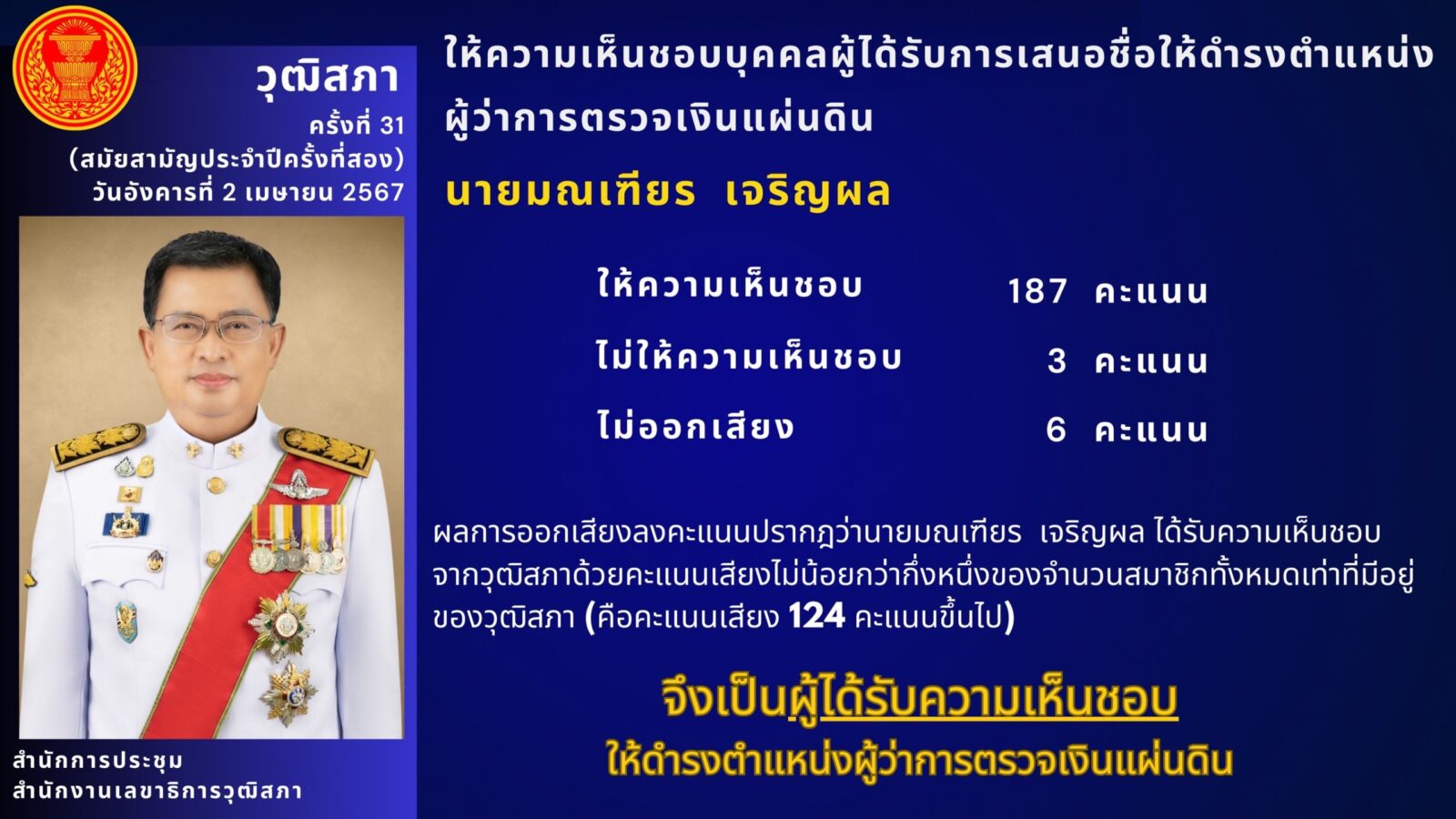 มติที่ประชุมวุฒิสภา วันอังคารที่ 2 เมษายน 2567