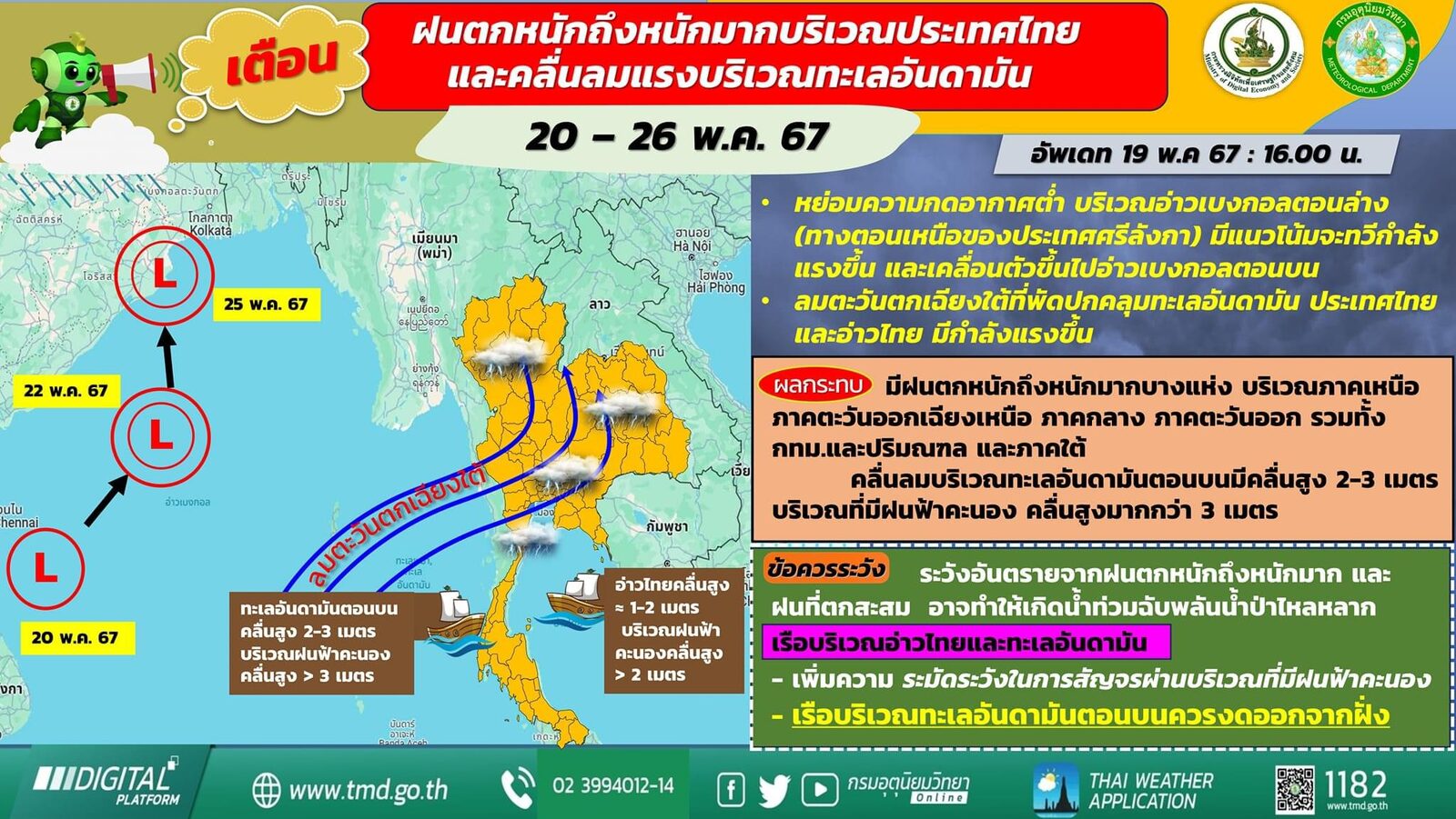 ประกาศกรมอุตุนิยมวิทยา เรื่อง ฝนตกหนักถึงหนักมากบริเวณประเทศไทย และคลื่นลมแรงบริเวณทะเลอันดามัน ฉบับที่ 2 (94/2567)