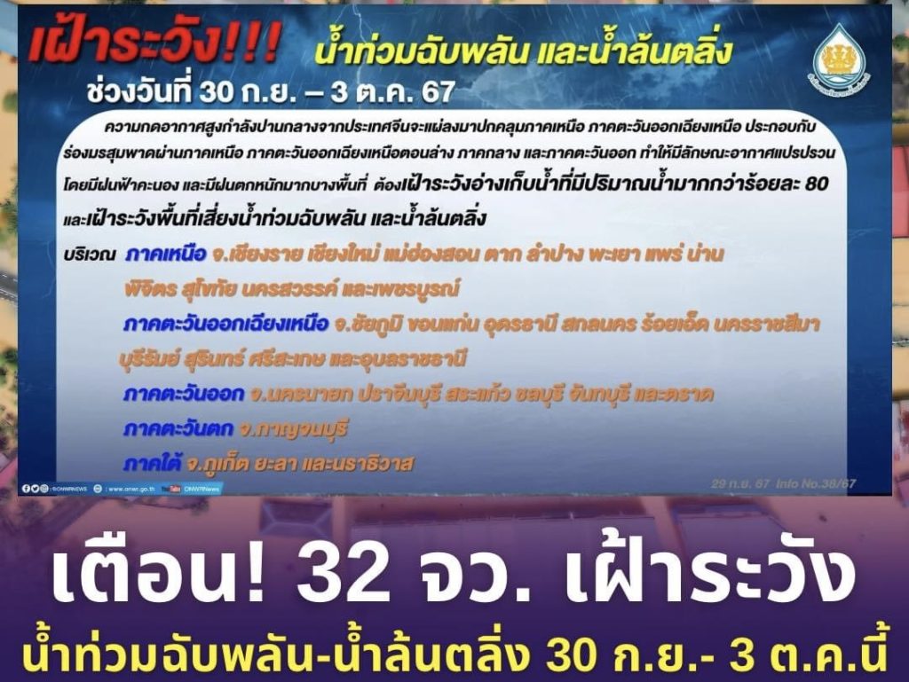 สทนช.ประกาศเตือน 32 จังหวัด เฝ้าระวัง‼️ #น้ำท่วมฉับพลันและน้ำล้นตลิ่ง ช่วงวันที่ 30 ก.ย. - 3 ต.ค. 67 สทนช.ประกาศเตือน 32 จังหวัด เฝ้าระวัง‼️ #น้ำท่วมฉับพลันและน้ำล้นตลิ่ง ช่วงวันที่ 30 ก.ย. - 3 ต.ค. 67
