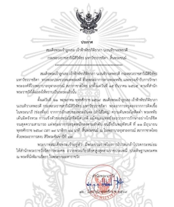 ประกาศสำนักพระราชวัง สมเด็จพระเจ้าลูกเธอ เจ้าฟ้าพัชรกิติยาภา นเรนทิราเทพยวดี กรมหลวงราชสาริณีสิริพัชร มหาวัชรราชธิดา สิ้นพระชนม์ ประกาศสำนักพระราชวัง สมเด็จพระเจ้าลูกเธอ เจ้าฟ้าพัชรกิติยาภา นเรนทิราเทพยวดี กรมหลวงราชสาริณีสิริพัชร มหาวัชรราชธิดา สิ้นพระชนม์