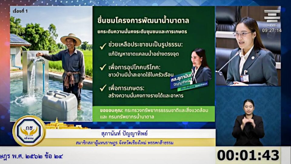 "สุภานันท์" ห่วงประปาขุ่น-ปนเคมี จี้กระทรวงทรัพย์ฯ อัดงบด่วน! ชูโมเดล "เวียงพร้าว" เจาะบาดาลดึงน้ำสะอาดคืนคุณภาพชีวิตชาวเชียงใหม่ “สส.สุภานันท์” ห่วงประปาขุ่น-ปนเคมี จี้กระทรวงทรัพย์ฯ อัดงบด่วน!